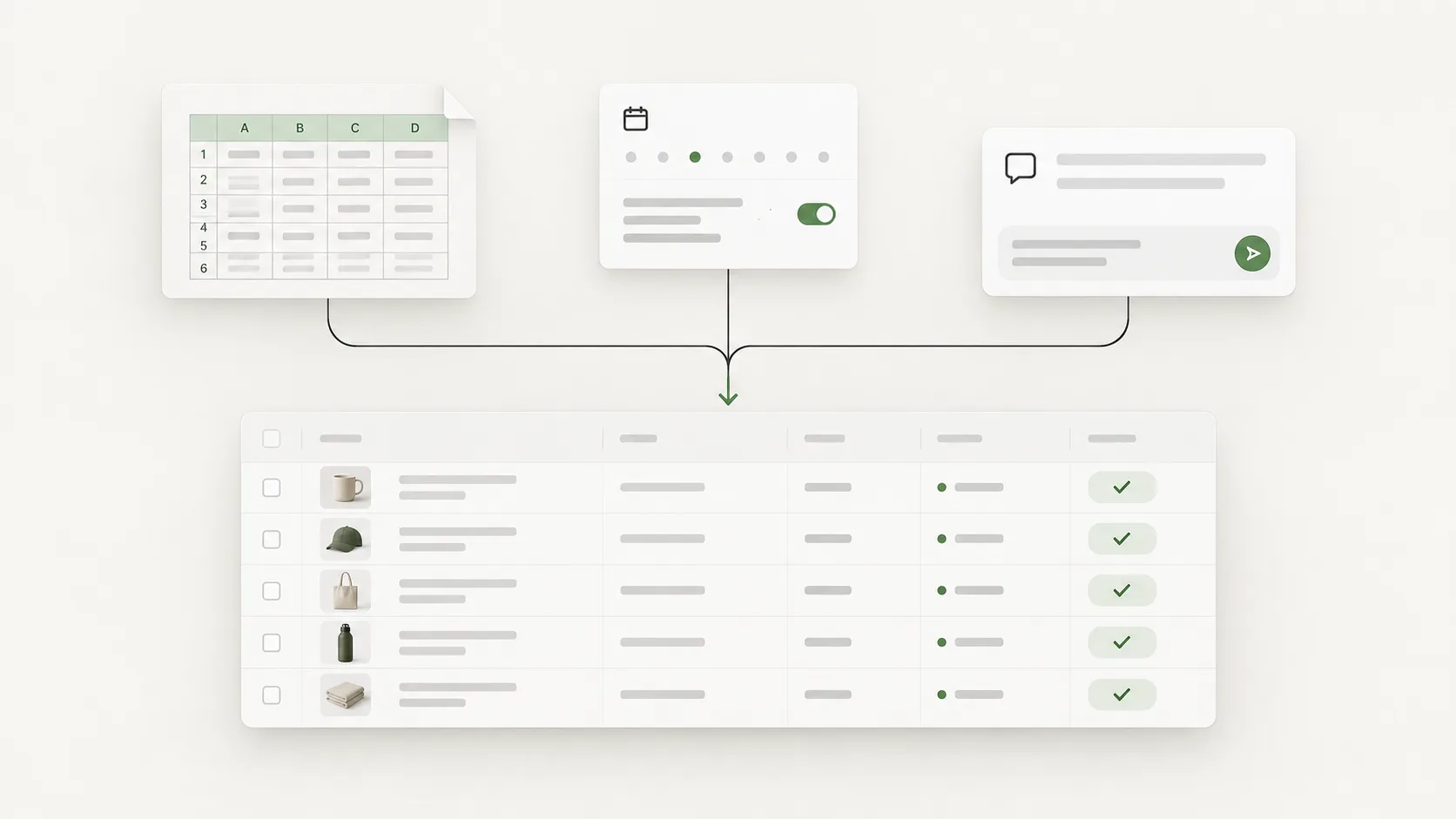 Spreadsheet, scheduled task and chat instruction converging into one reviewed product table