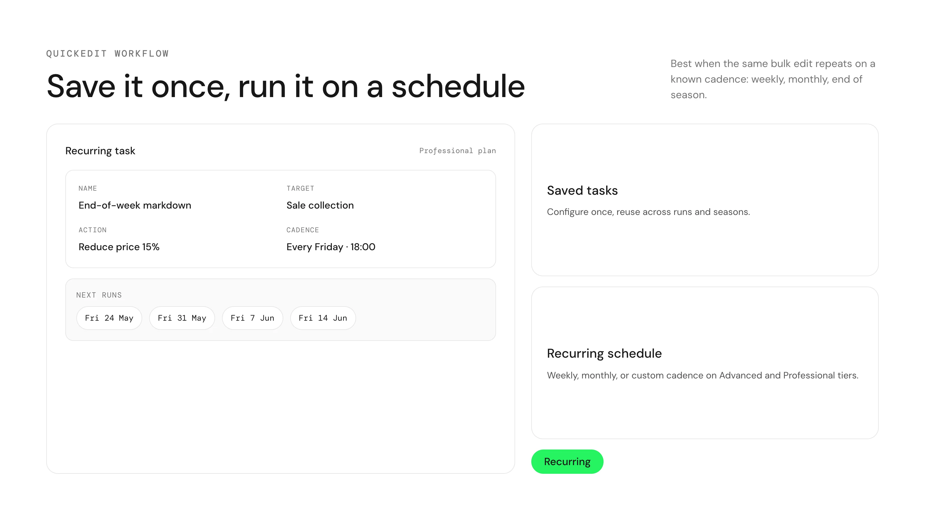 Illustration of QuickEdit saved tasks and recurring edit schedule
