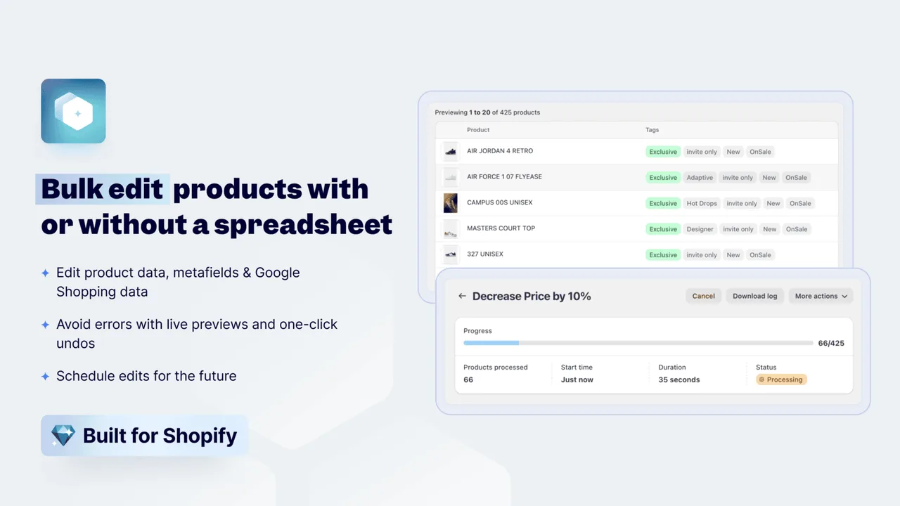 Ablestar bulk product editor preview and one-click undo interface