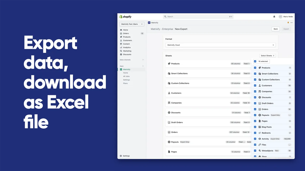 Matrixify export screen showing Shopify data sheets in an Excel workflow