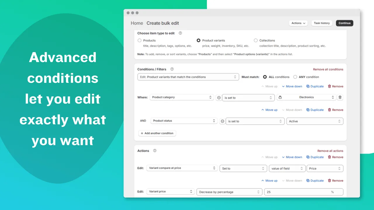 QuickEdit conditions and actions screen for a Shopify bulk product edit