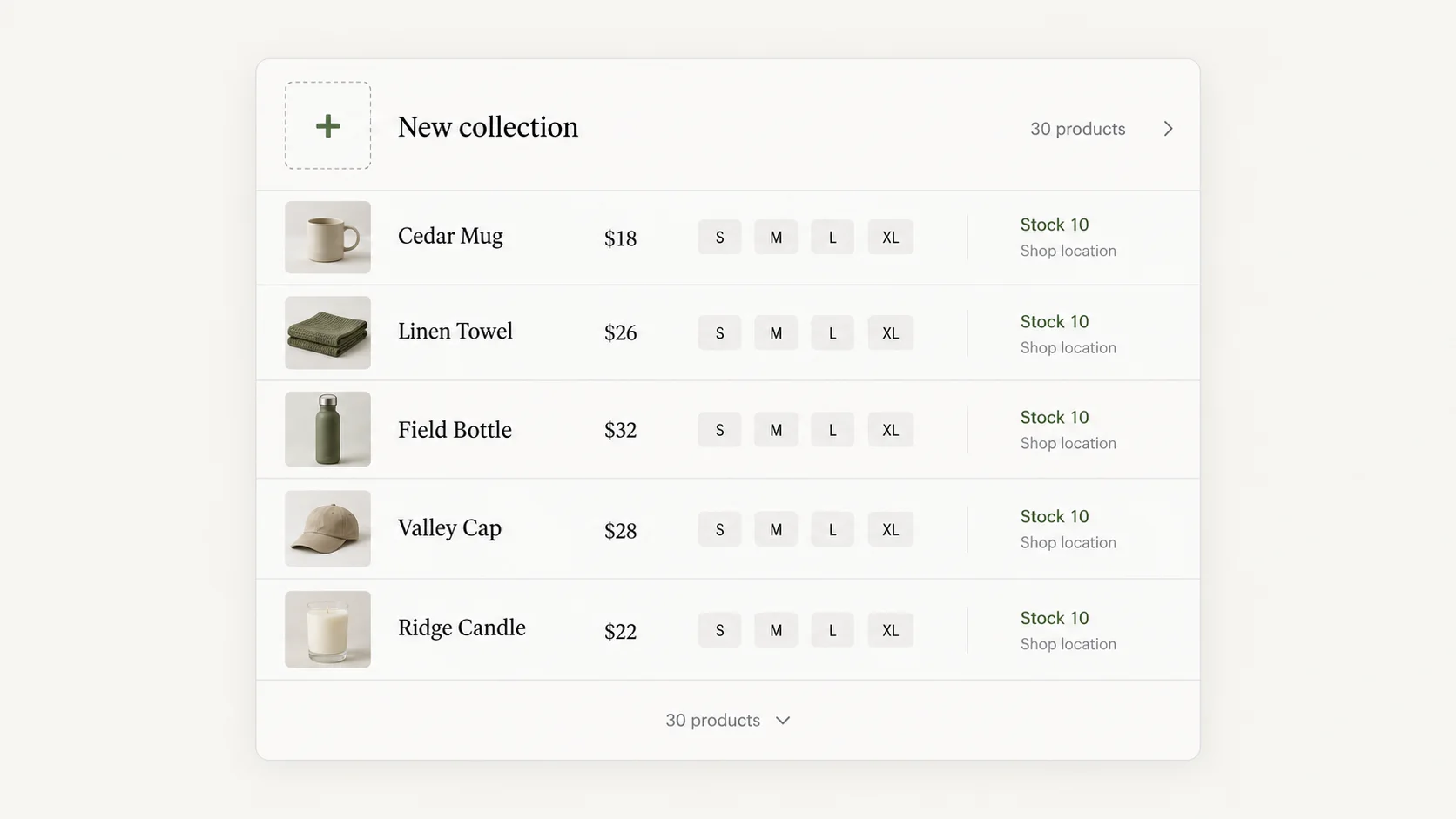 Preview for thirty generated products: collection creation row at the top, then a compact block per product with generated title, price and four size variants, stock 10 at Shop location