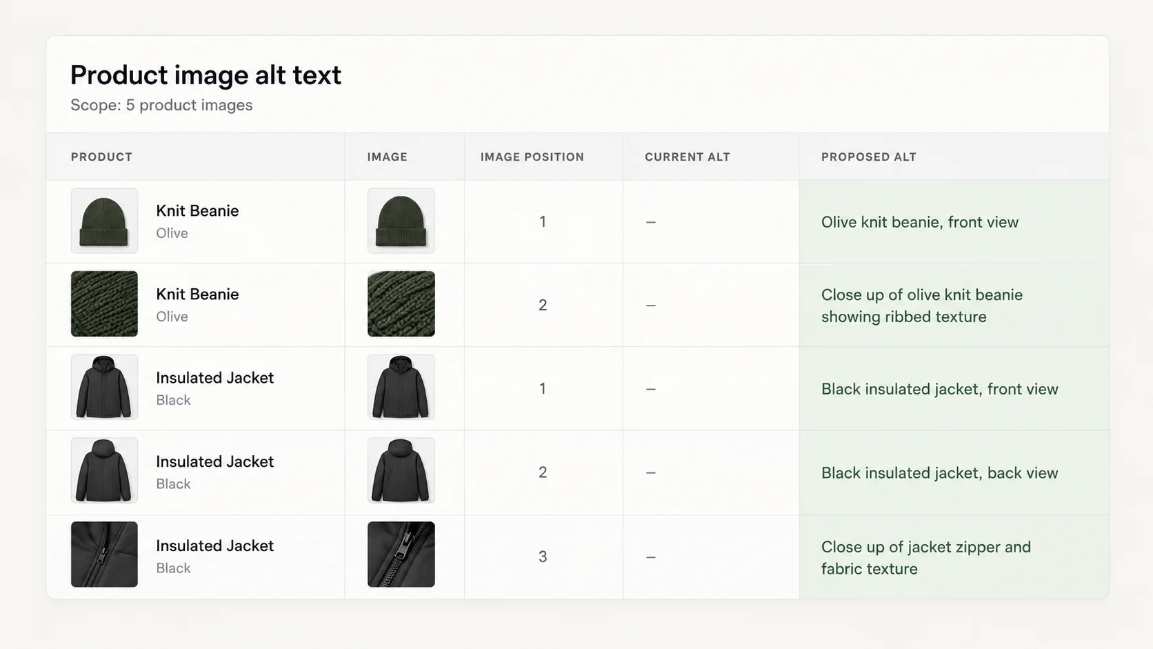 Preview rows for alt text: one row per image with the product title, image position, empty current alt text and the generated description