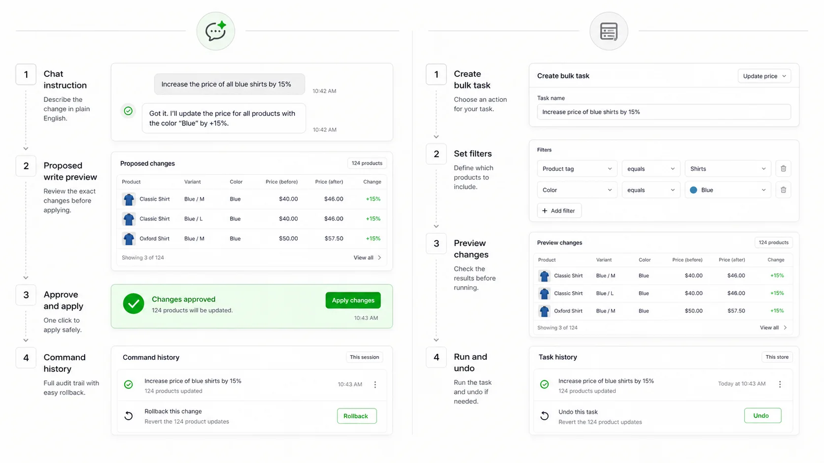 Side-by-side workflow comparison showing ApiMate chat review and Ablestar-style structured task editing