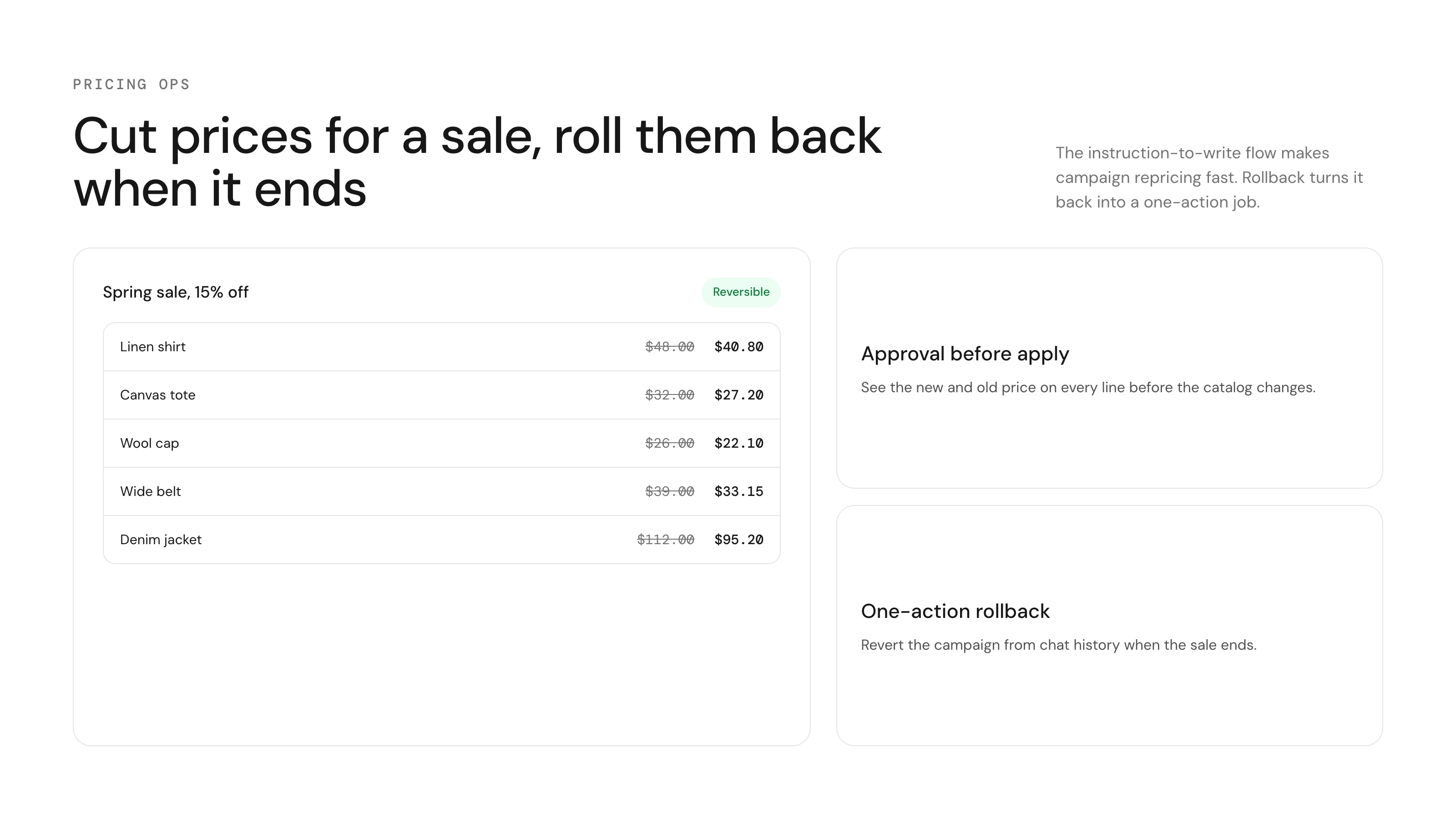 Price change preview with old and new value per variant