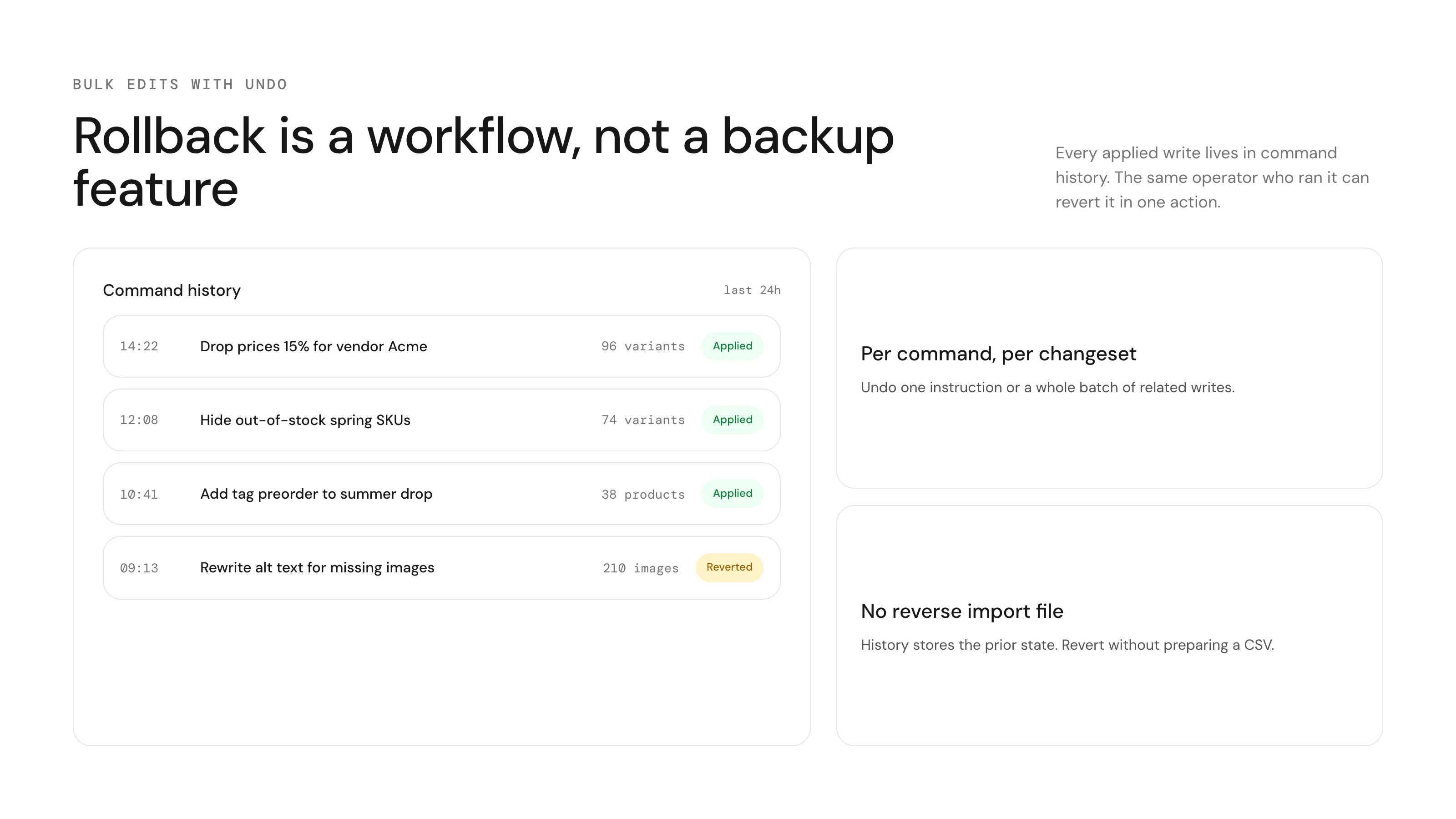 Shopify bulk edit command history with a revert action and saved previous values